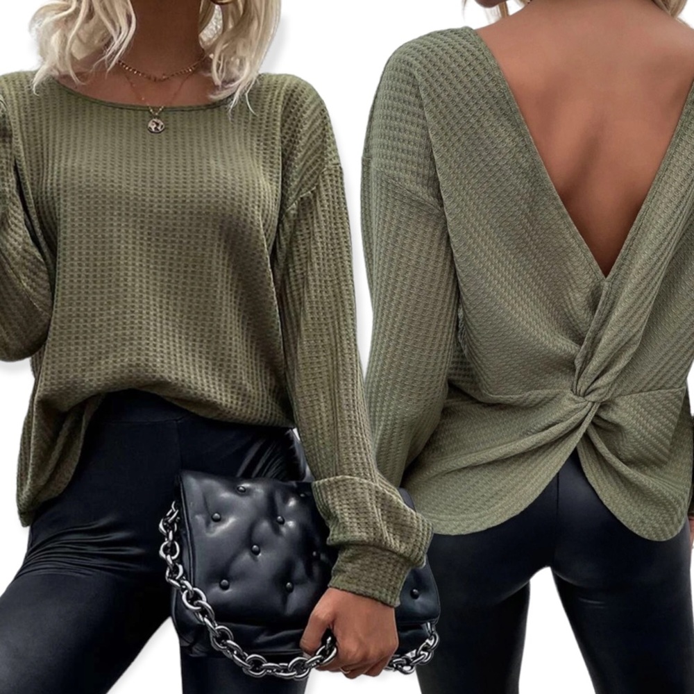 Open Back Twist Waffle Knit Top Dusty Olive Green